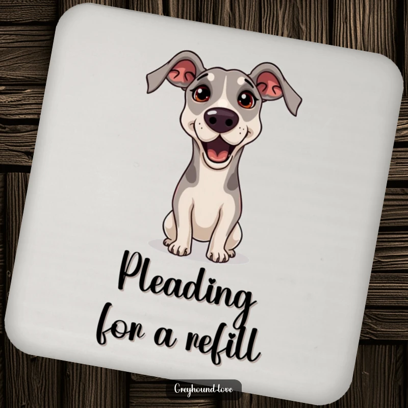 Funny Greyhound Coaster featuring a greyhound begging with a head tilt and pleading eyes, offering adorable protection for your drinks.