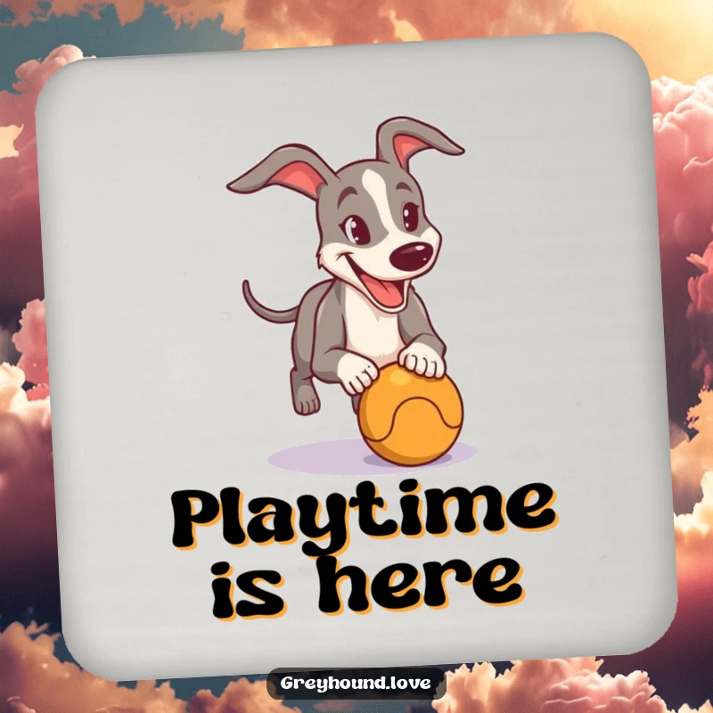 Funny Drink Coaster featuring a determined greyhound joyfully chasing a ball, adding a playful touch to tabletops.