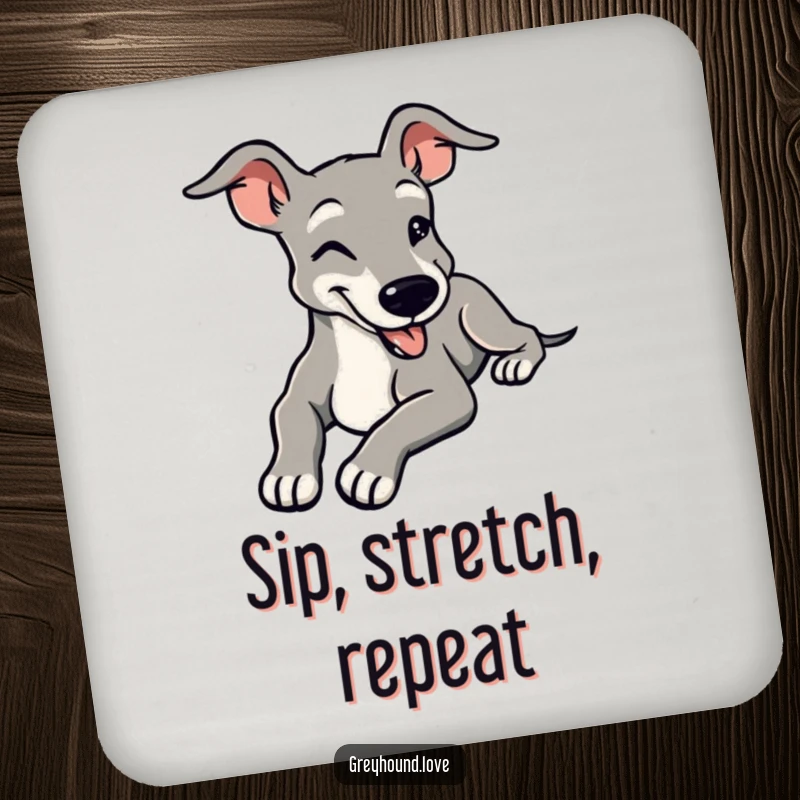 Funny drink coaster featuring a stylized greyhound stretching languidly with a contented smile, adding serene charm and protecting surfaces.