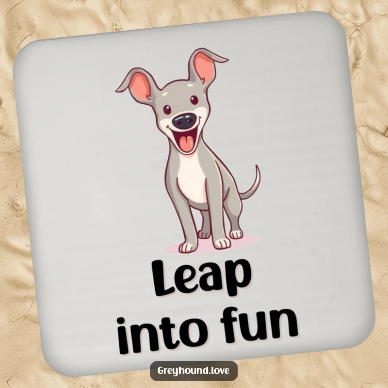 Funny COASTERS: A set featuring a greyhound mid-bound with an excited yip, protecting surfaces with lively humor.