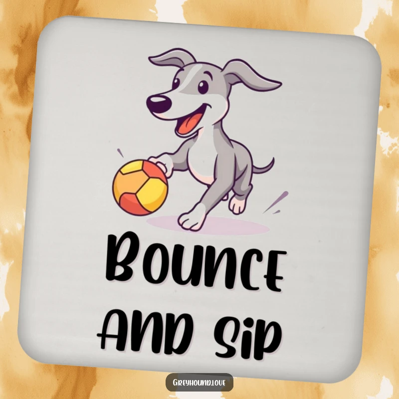 Funny Greyhound coasters featuring a happy dog chasing a bouncing ball, adding playful protection to tabletops.