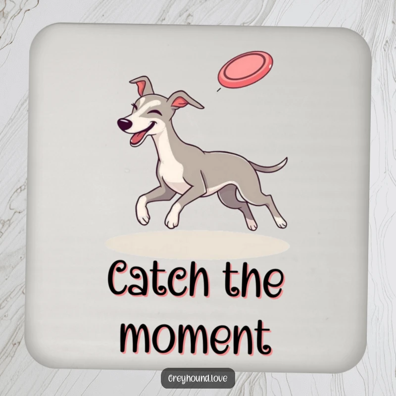 Funny COASTERS: A set featuring a greyhound winking while catching a flying frisbee, protecting surfaces with playful humor.