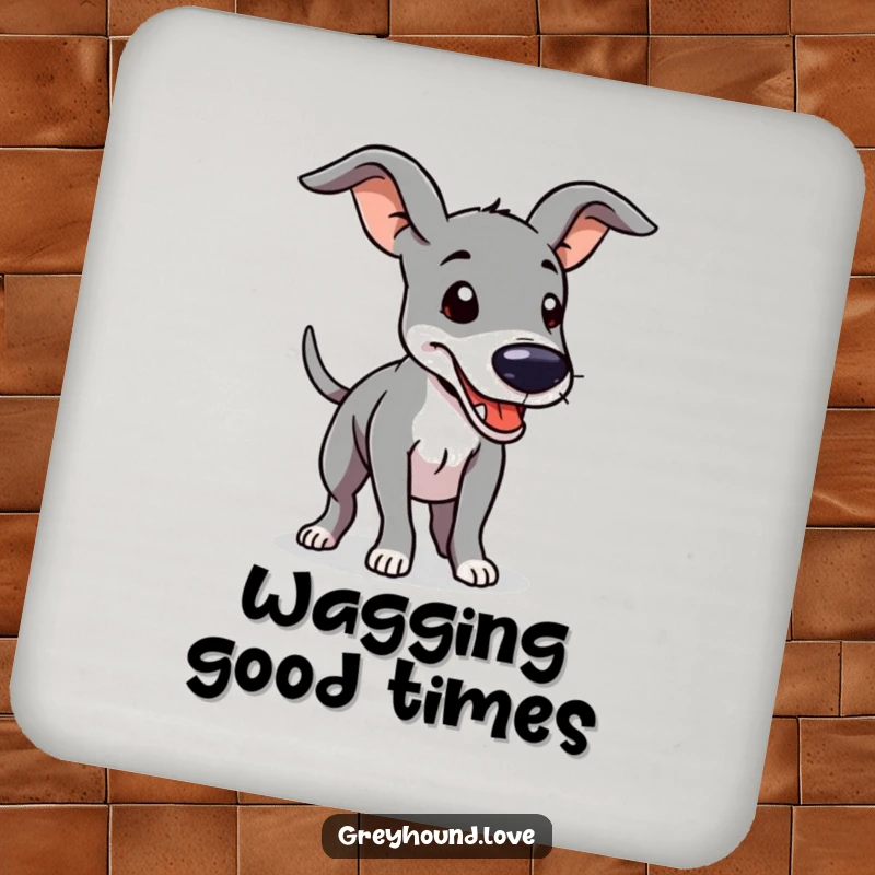 Funny Drink Coasters featuring a greyhound with floppy ears and a furiously wagging tail, adding humor and surface protection.