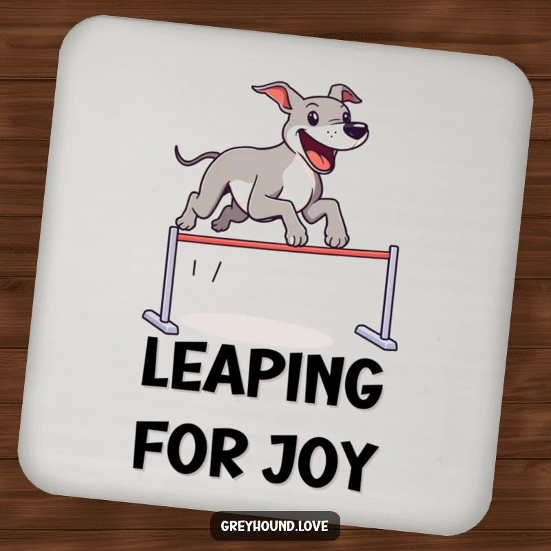 Funny Drink Coasters featuring a greyhound enthusiastically leaping an imaginary hurdle, protecting surfaces with canine charm and humor.