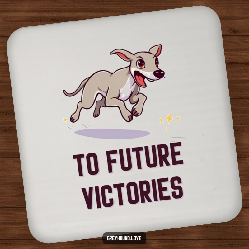 Funny set of 4 greyhound coasters, each showing a greyhound with a determined look sprinting towards a goal.