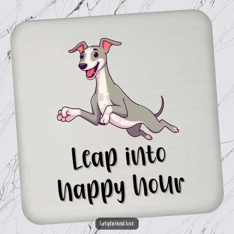 Funny greyhound coaster featuring a sleek dog with oversized paws leaping joyfully, protecting surfaces with canine charm.
