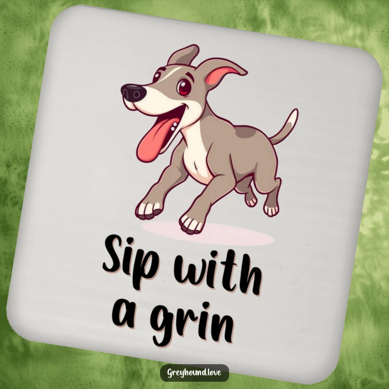 Funny drink coaster featuring a happy greyhound lunging forward with its tongue out, adding playful charm and protecting surfaces.