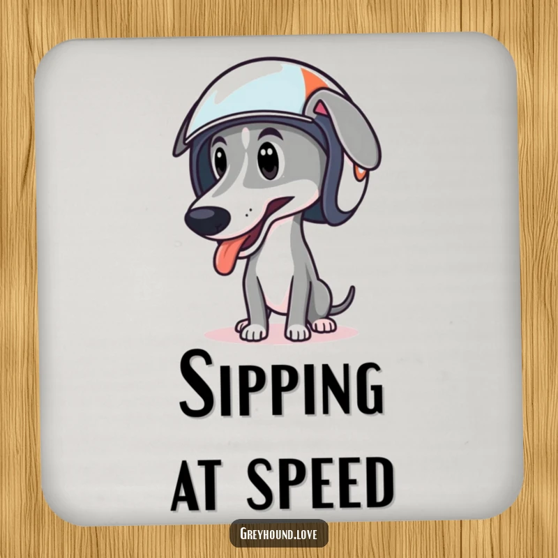 Funny coasters featuring a greyhound in a racing helmet, tongue lolling, adding a touch of speed.