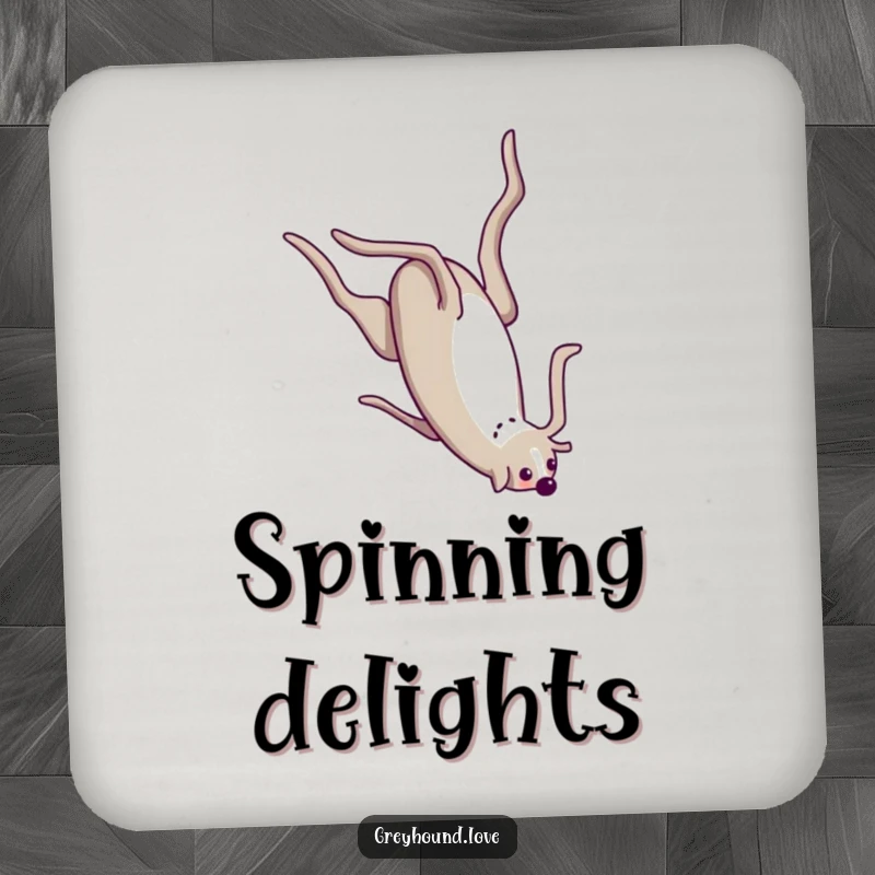 Funny Drink Coaster featuring a greyhound playfully performing a somersault, adding a humorous and dynamic touch to tabletops.