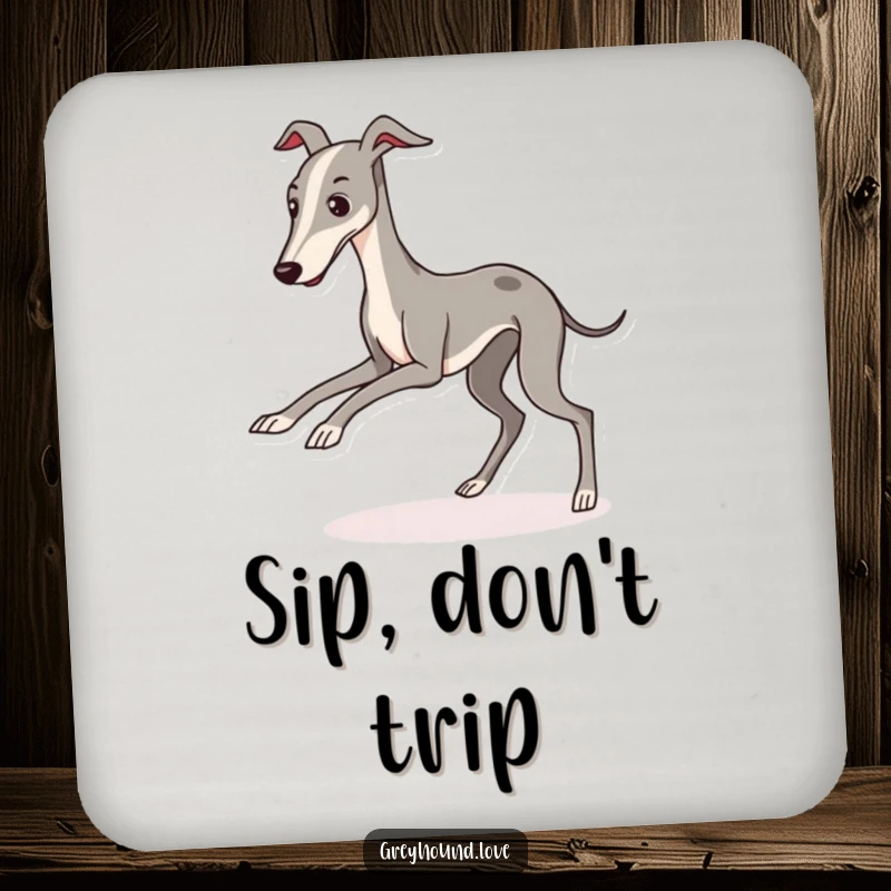 A set of coasters featuring a kawaii greyhound character comically tripping, bringing humorous charm.