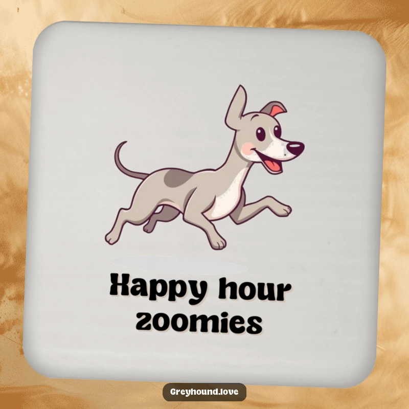 Funny drink coaster featuring a happy greyhound running, its tail wagging vigorously, ensuring style and surface protection.
