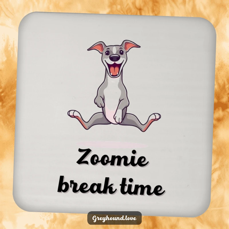 Funny Greyhound Coaster featuring a greyhound in a comical zoomie, legs splayed, adding a touch of playful protection to your drinks.