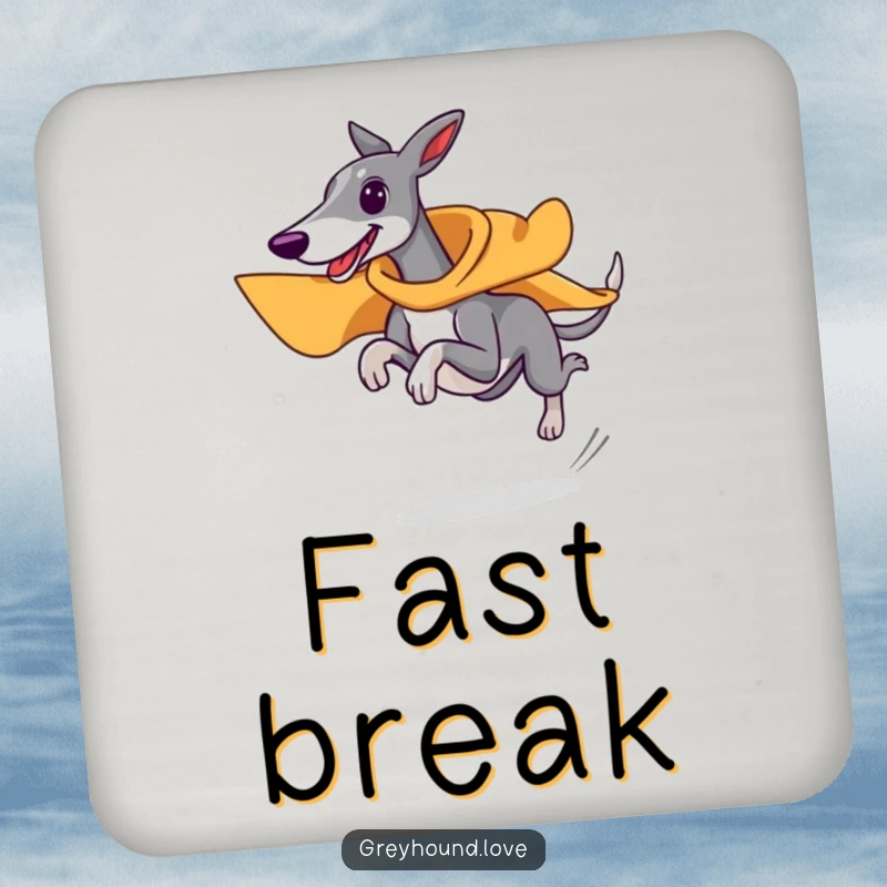 Funny superhero greyhound coasters, wearing tiny cape, running at top speed, fast and practical table protection, perfect funny gift.