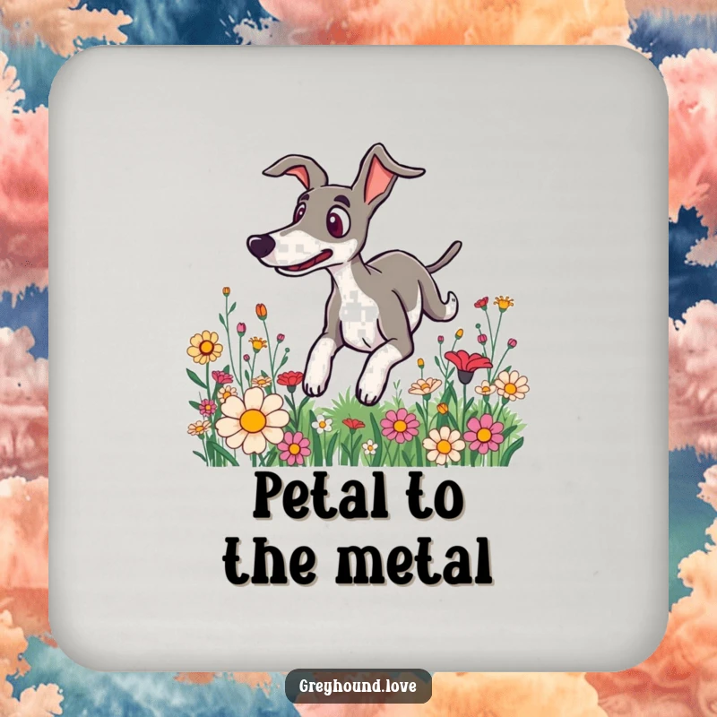 Funny drink coaster depicting a surprised greyhound tumbling through flowers, protecting surfaces with whimsical humor.