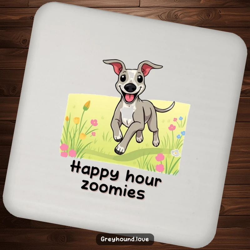 Funny drink coaster with a greyhound with a big smile, joyfully running through a field.
