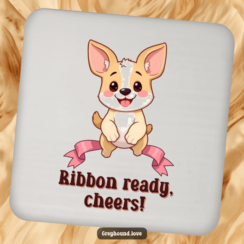 Funny Dog Coaster: A happy dog character with exaggerated ears joyfully leaping over a ribbon, adding a playful touch to drink service.