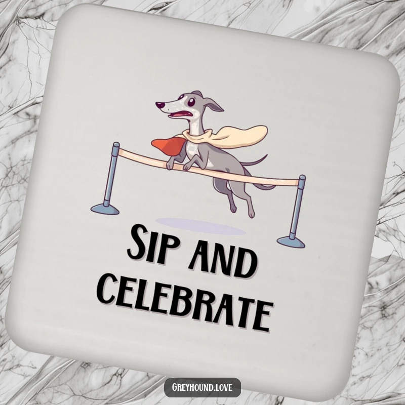 Funny set of 4 greyhound coasters, each showing a superhero greyhound winning a race, protecting surfaces humorously.