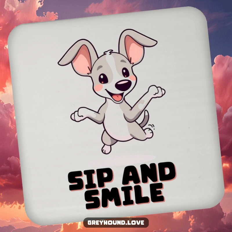Funny Greyhound Ears Coaster: A playful greyhound with oversized ears leaps joyfully, protecting your surfaces with adorable humor.