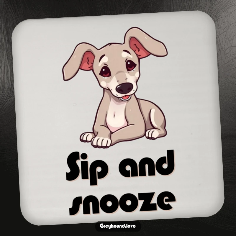 Funny greyhound with large ears playfully flopping onto its side, depicted on protective drink coasters.