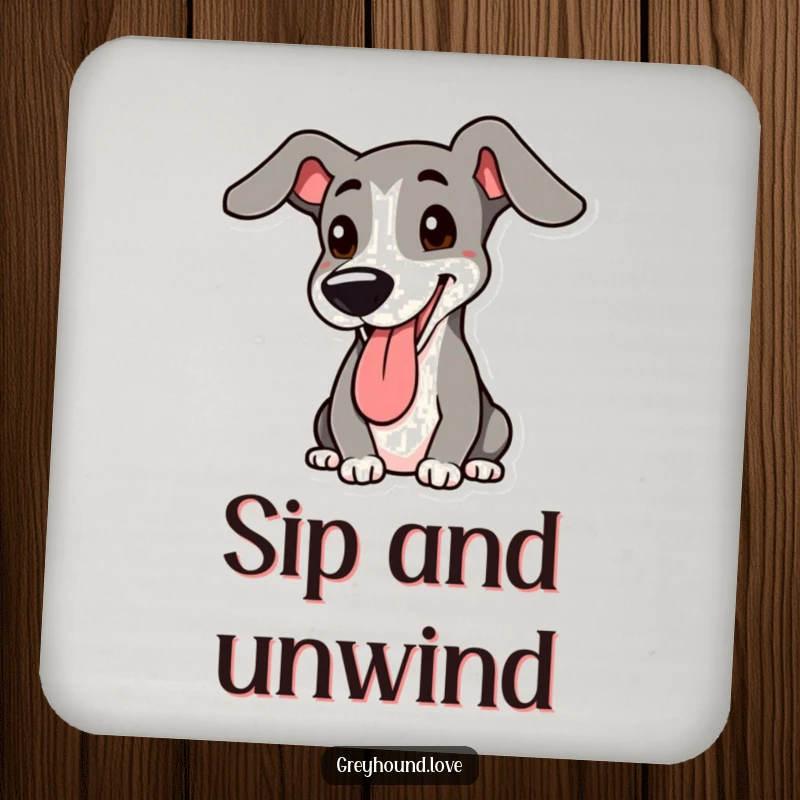 Funny Greyhound Coaster: A greyhound panting happily with its ear up, adding a touch of playful dog decor.
