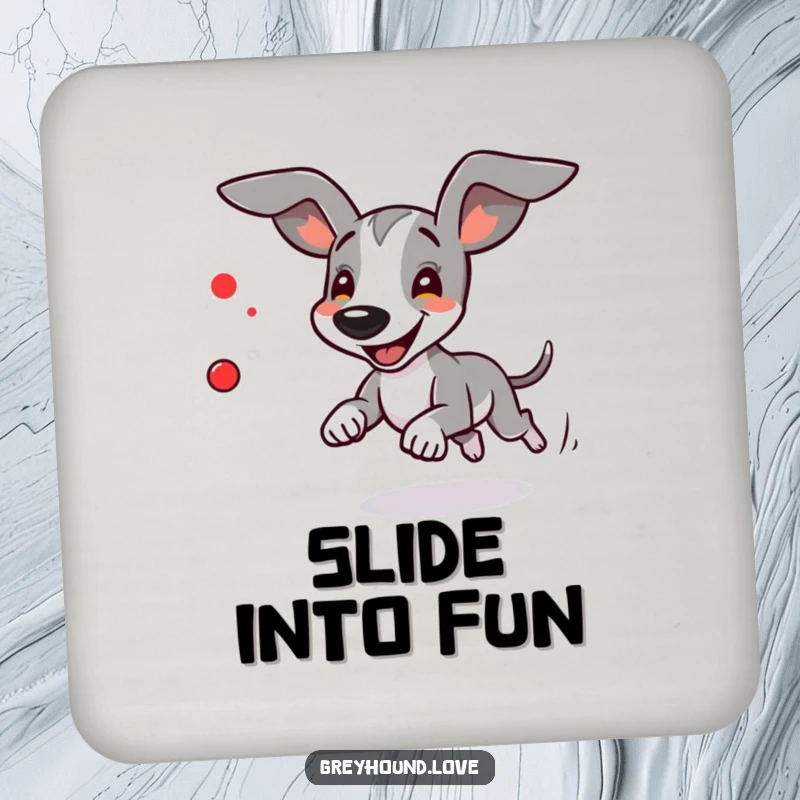 Funny Greyhound Coaster: A greyhound's ears flap wildly as it chases a red dot.