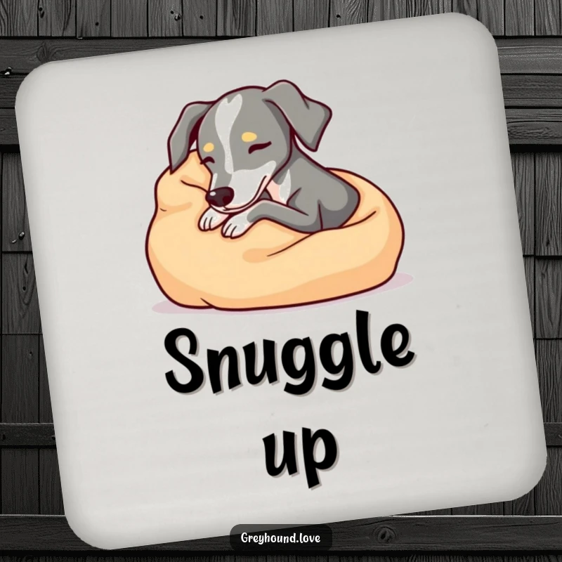 Cozy greyhound coasters, snuggling comfortably in a soft blanket, relaxed and practical table protection, perfect funny gift for hosts.