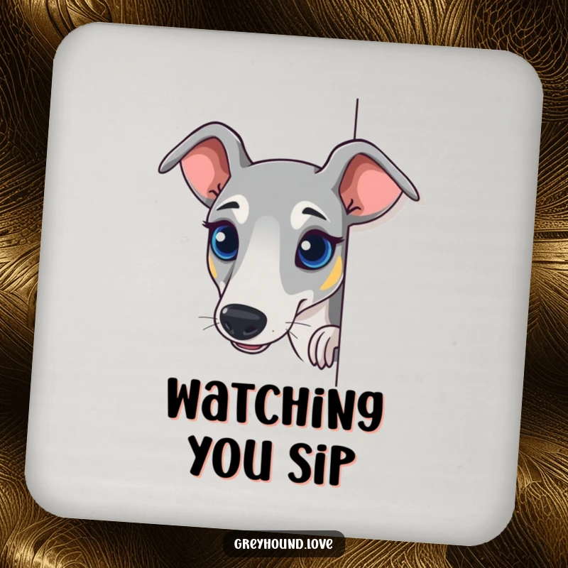 Funny Greyhound Drink Coaster featuring a dog peeking with bright eyes, adding humor and surface protection.