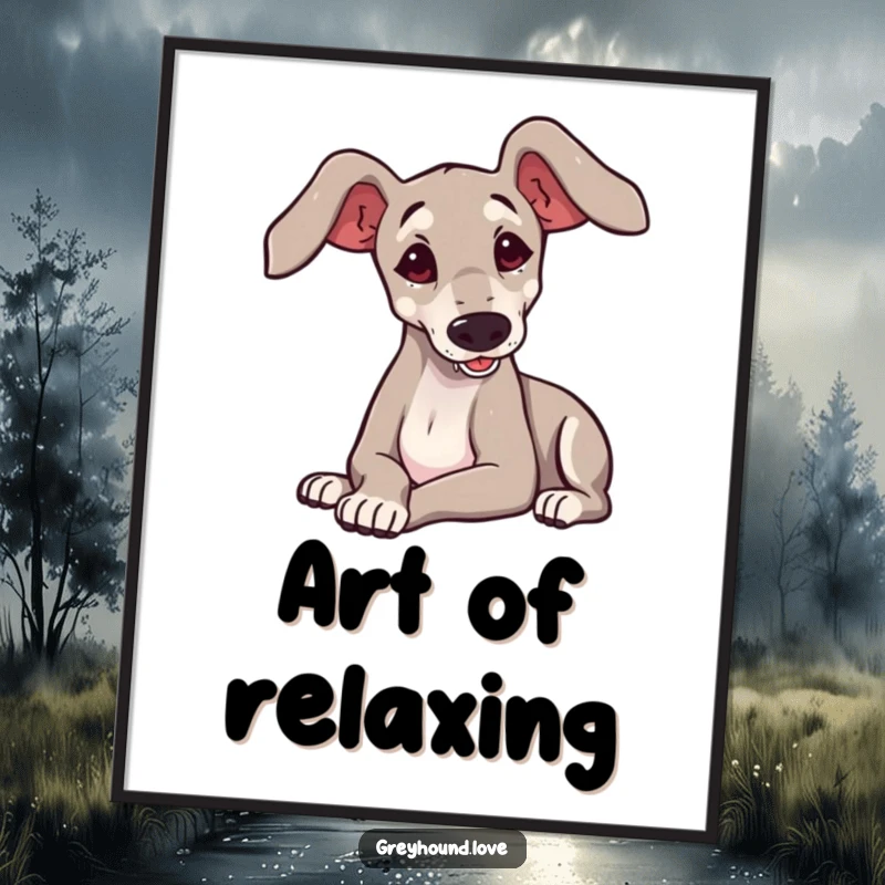 Funny cute greyhound with huge ears playfully flopping onto its side, displayed as a charming poster print.