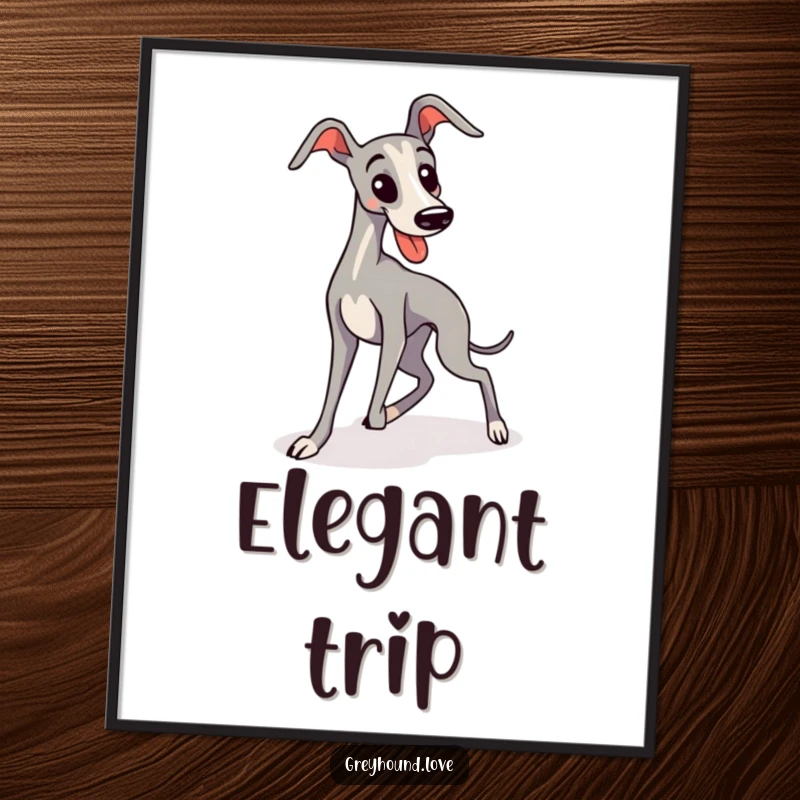 Funny, sleek, kawaii greyhound comically trips over its long legs, showcasing endearing humor for wall decor, perfect gift.