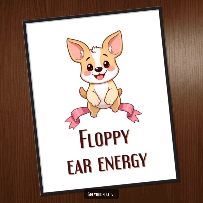 Funny Dog Poster: Oversized ear dog character mid-air, joyfully leaping over a ribbon, embodying playful exuberance and a happy spirit.