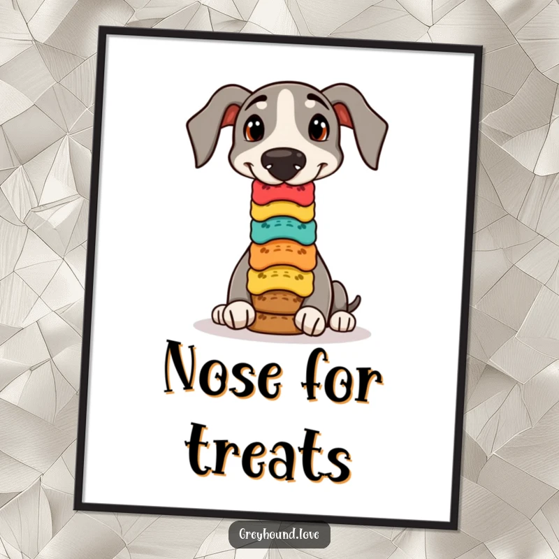 Funny greyhound biscuit balance poster, a talented dog balancing a colorful stack of biscuits with focus.