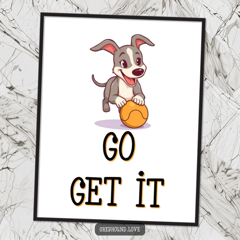 Funny Poster capturing a graceful greyhound in mid-chase, determinedly pursuing a ball with a joyful expression.