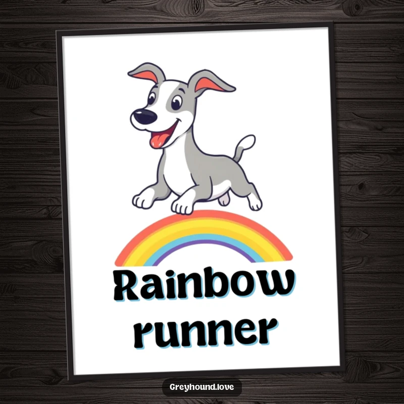 Funny greyhound rainbow poster, a cheerful dog leaping over a brightly colored arch, full of excitement.