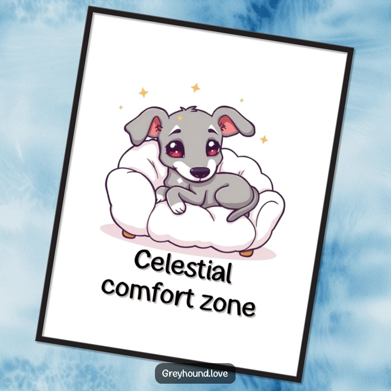 Funny poster print of a greyhound with enchanting starry eyes, relaxing on a plush cloud, evoking serenity and joy.