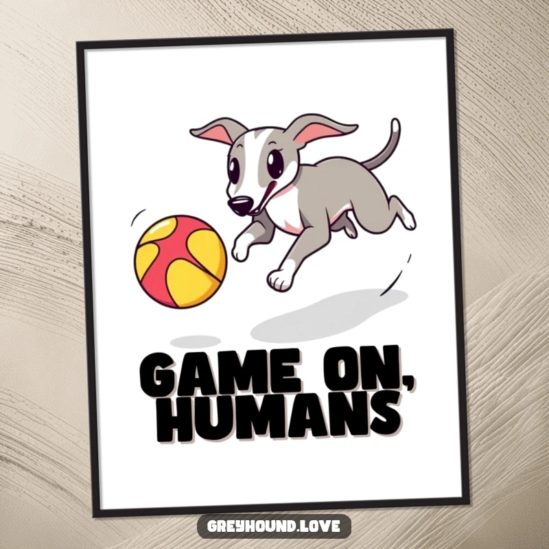 A poster depicting a greyhound playfully chasing a colorful bouncing ball, capturing action and joy.