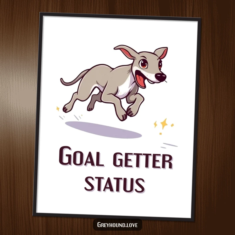 Funny print of a greyhound with a determined look sprinting towards a distant goal, inspiring focus.