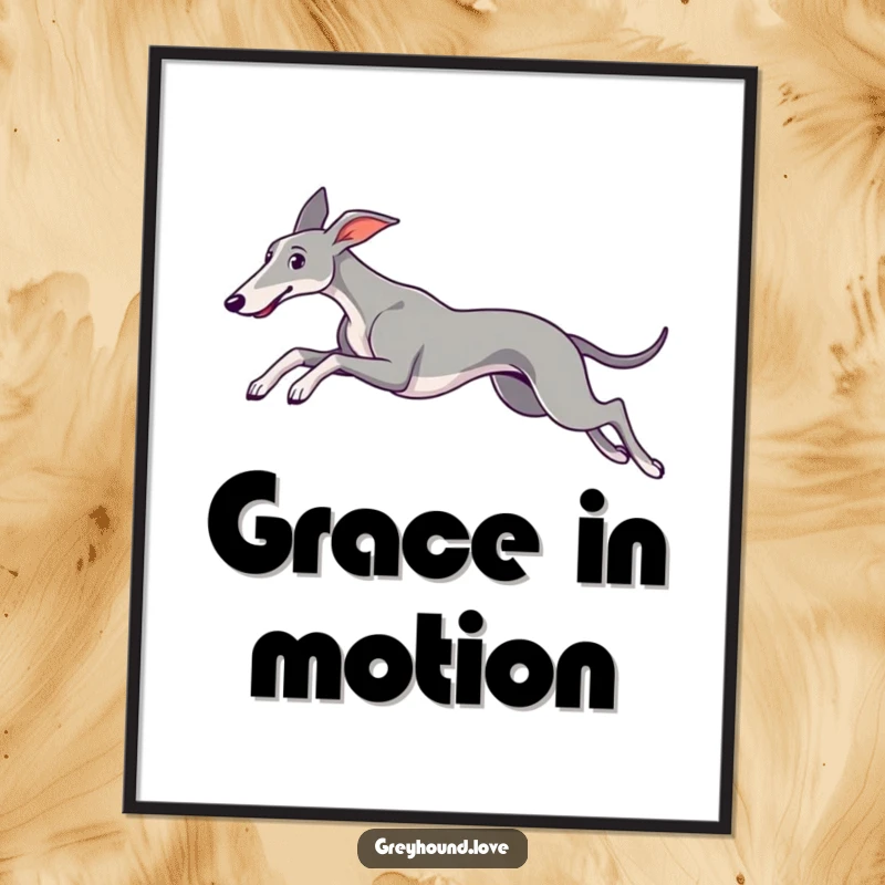 A stunning poster of a sleek greyhound leaping gracefully, its ears trailing, celebrating canine athleticism.