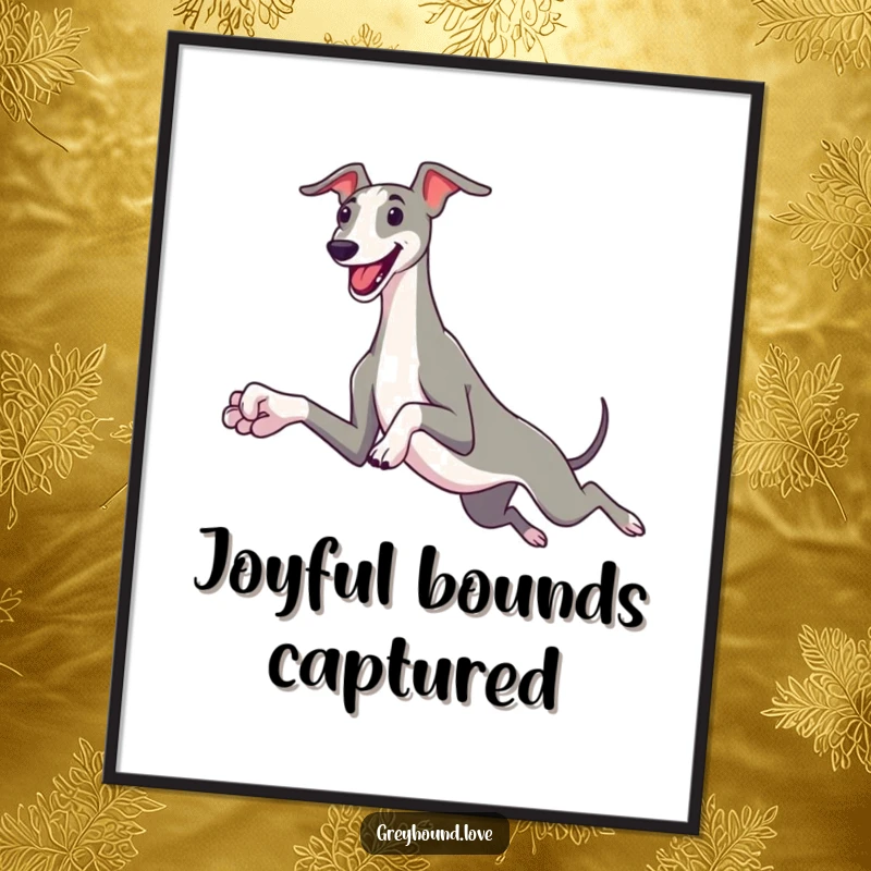 Funny greyhound poster featuring a sleek dog with oversized paws leaping joyfully, adding canine humor and warmth to decor.