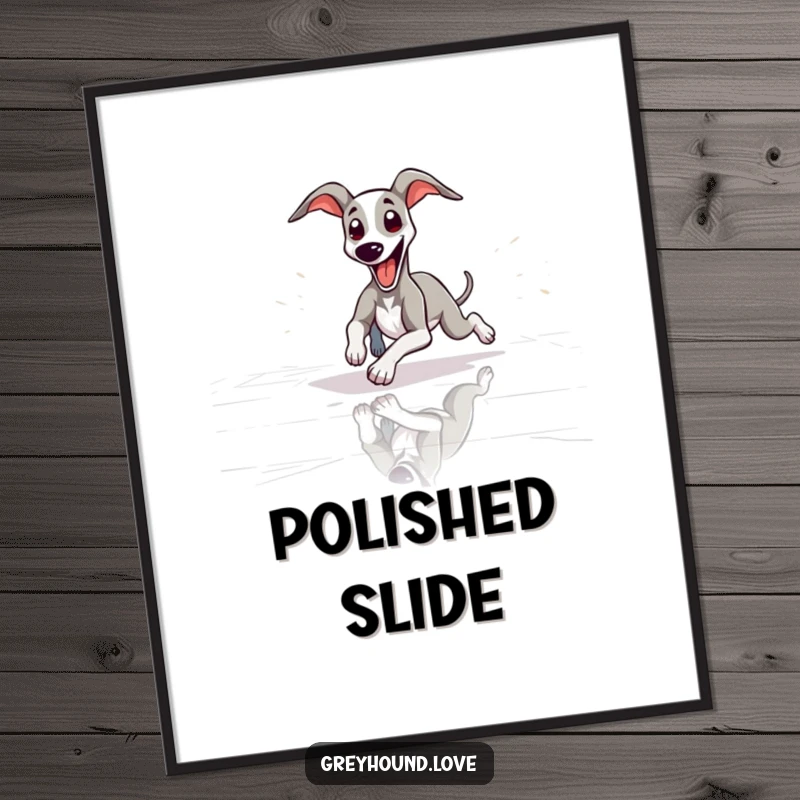 Funny slender greyhound playfully sliding across a floor with tongue out, showcasing pure joy for wall decor, perfect gift.