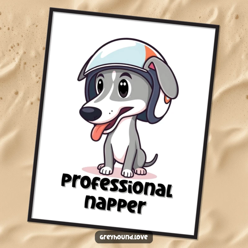 Funny poster of a greyhound wearing a racing helmet, tongue lolling out, embodying speed and joy.