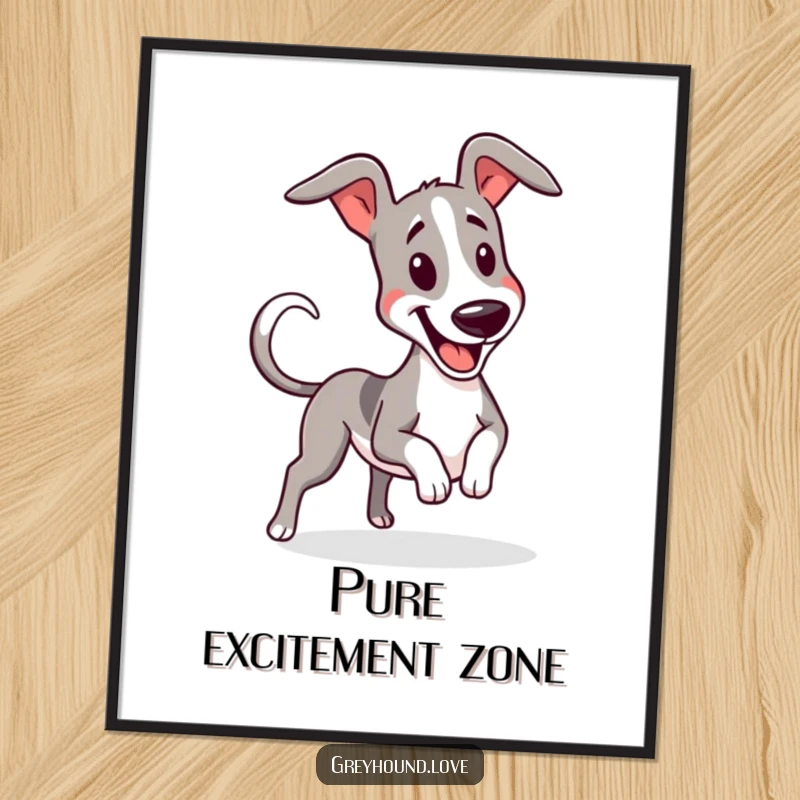 Funny print of a greyhound wiggling enthusiastically with its tail wagging furiously, full of joy.