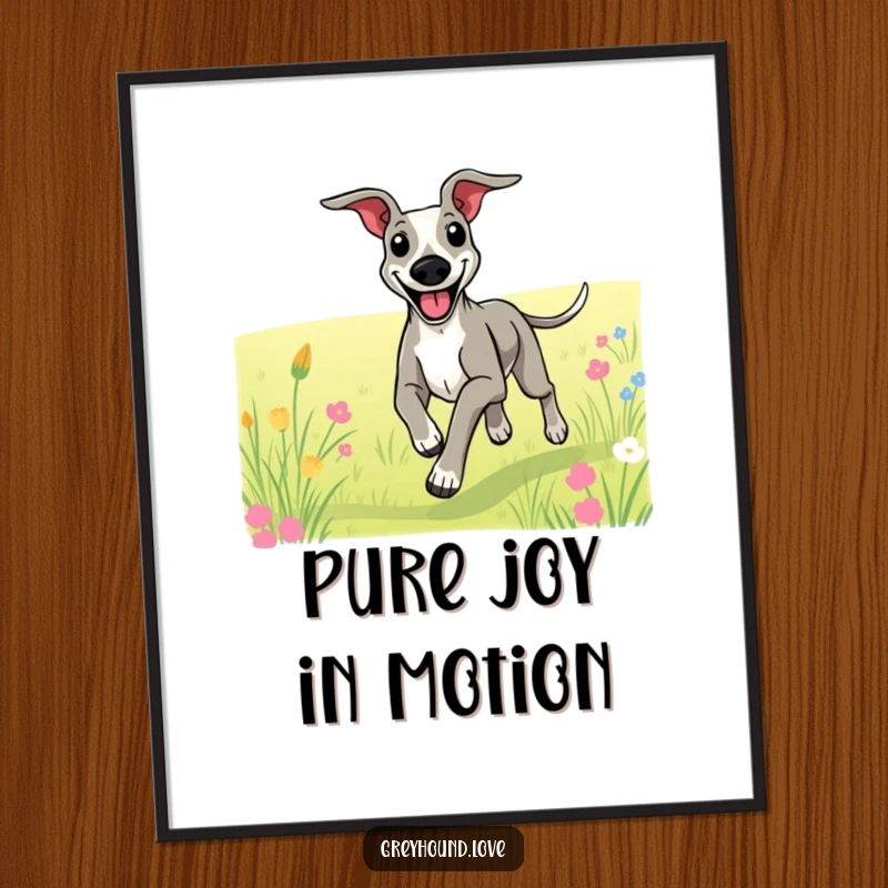 Funny poster artwork of a greyhound with an enormous smile, joyfully sprinting through a sun-drenched field.