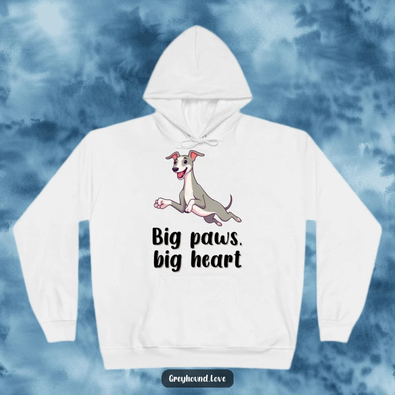 Funny greyhound hoodie featuring a sleek dog with oversized paws leaping joyfully, offering warmth and canine-inspired humor.
