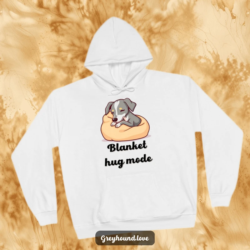 Cozy greyhound hoodie, snuggling comfortably in a soft blanket, warm and snuggly dog apparel, perfect funny gift for relaxation.