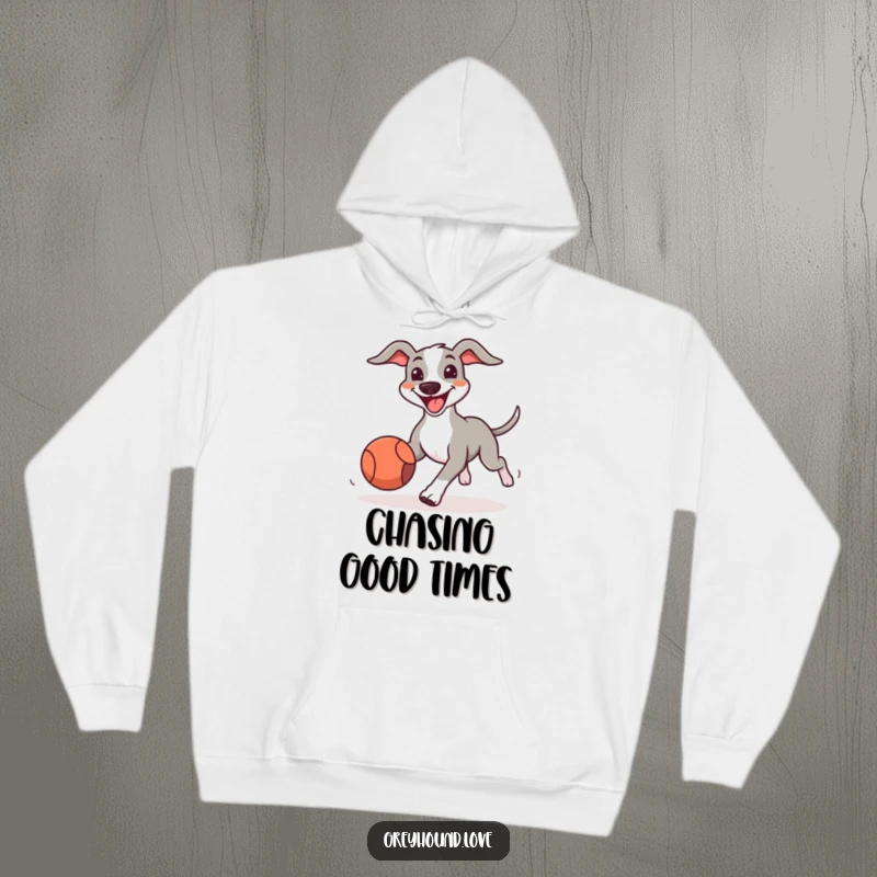 Funny Greyhound Hoodie featuring a grinning dog excitedly pursuing a bouncing ball, perfect for a humorous and comfortable look.