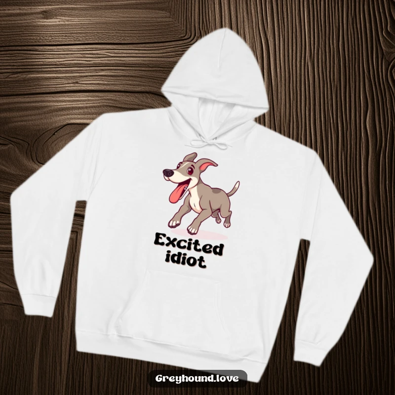 Funny hoodie featuring a happy greyhound lunging forward with tongue out, embodying playful excitement and cozy vibes.