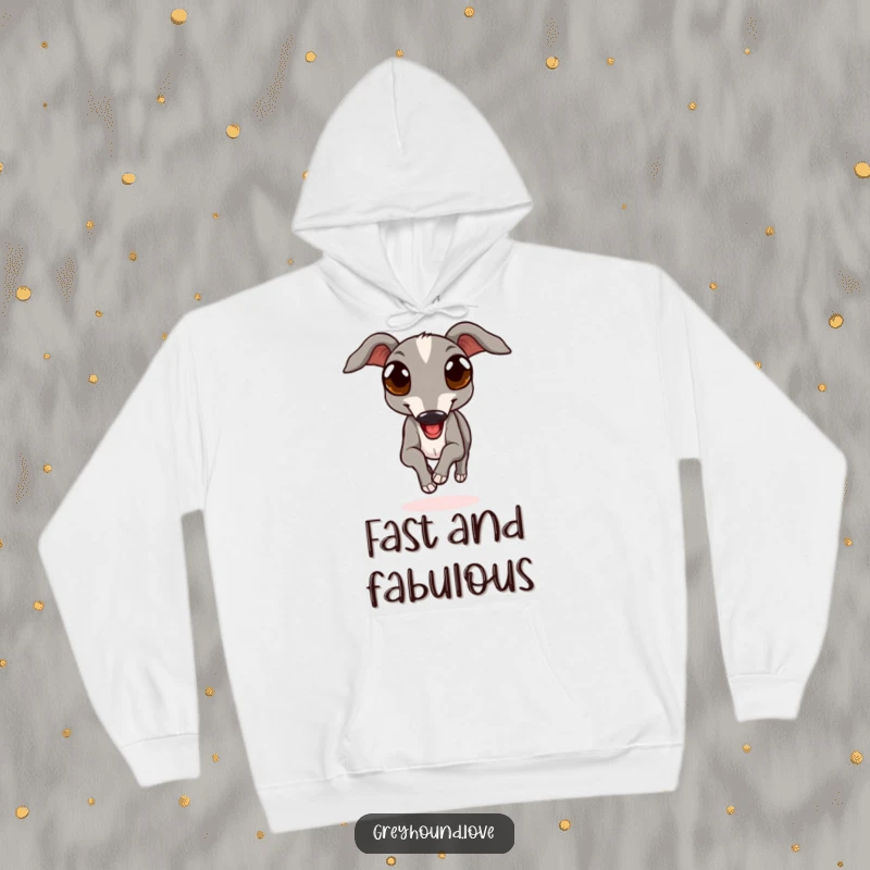 Funny hoodie featuring a graceful greyhound with big, expressive eyes running with unbridled joy, perfect for cozy dog lovers.