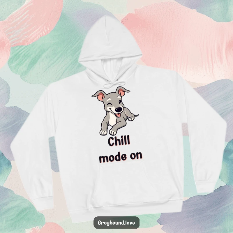 Funny hoodie featuring a stylized greyhound stretching languidly with a contented smile, perfect for cozy, relaxed moments.