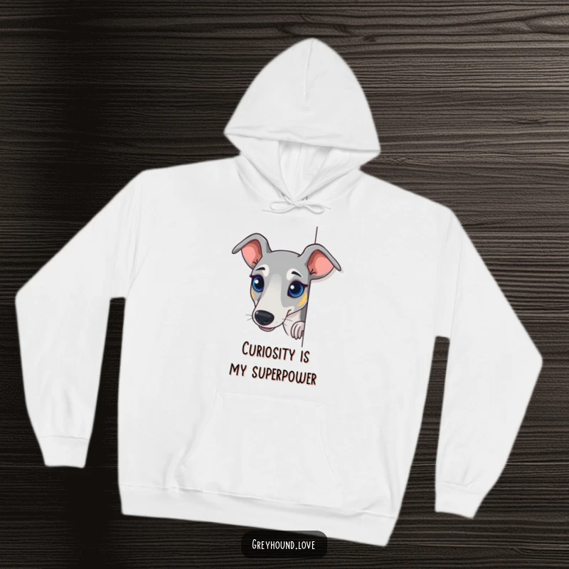 Funny Greyhound Hoodie showing a dog peeking around a corner, its bright eyes sparkling with curiosity and humor.