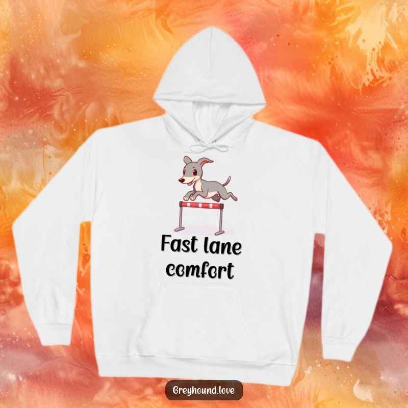 Funny and cozy hoodie showcasing a greyhound character playfully leaping over a small hurdle, perfect for comfort and style.